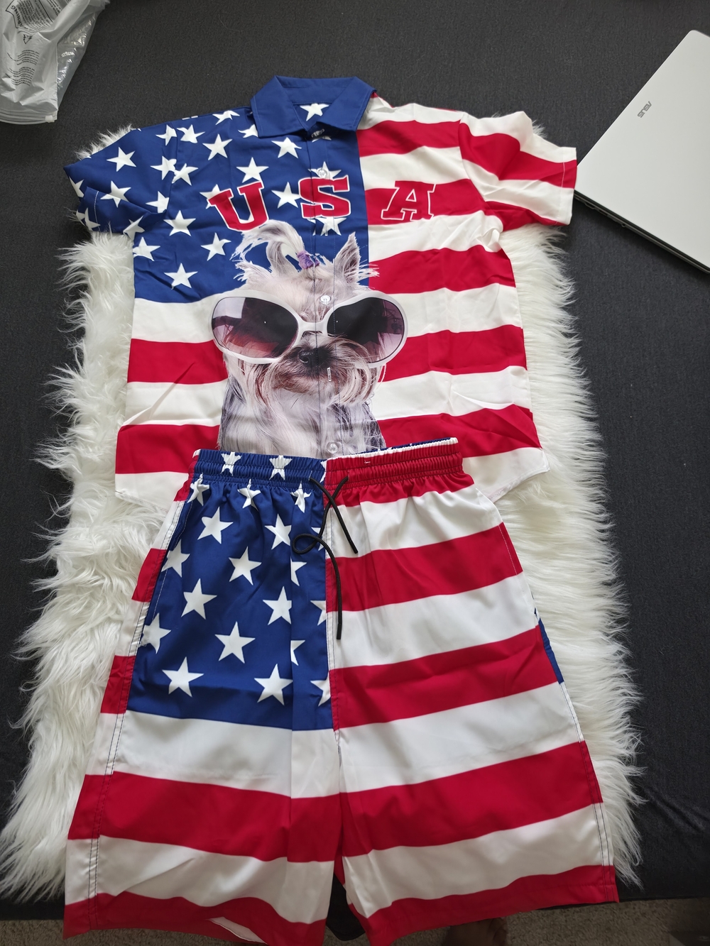 Mens Patriotic Stars & Stripes Pajama Set with Dog Graphic - Red, White & Blue